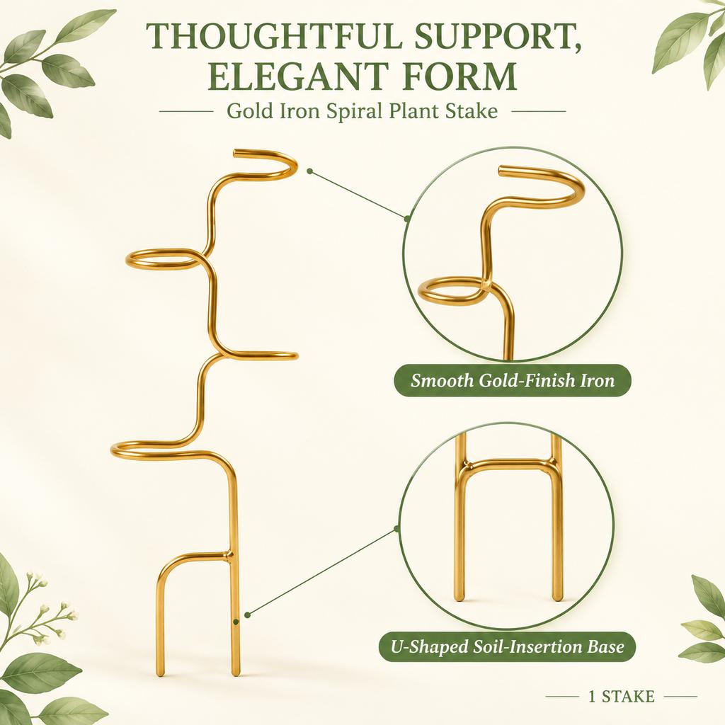 Gold Iron Spiral Plant Support Stake with U-Shaped Base