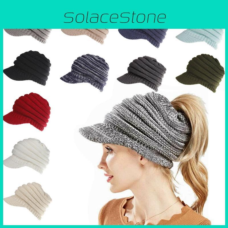 Cozy Womens Stretch Knit Hat With Messy Bun Ponytail Beanie For Winter Warmth