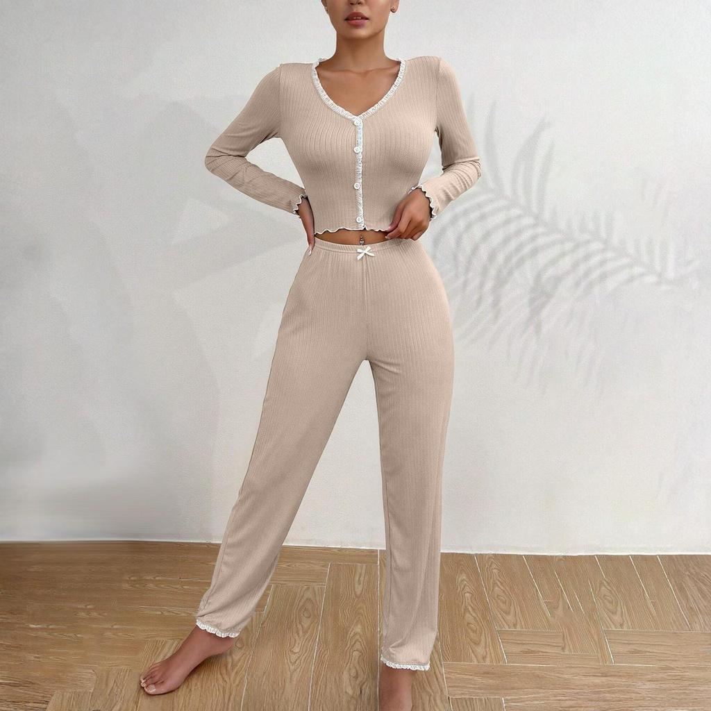 Damen Hauskleidung Pyjama Langarmhose Locker und Bequem Sexy Spitze Zweiteiliges Set