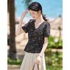 French Elegant Floral V-Neck Bow-Tie Women's Shirt
