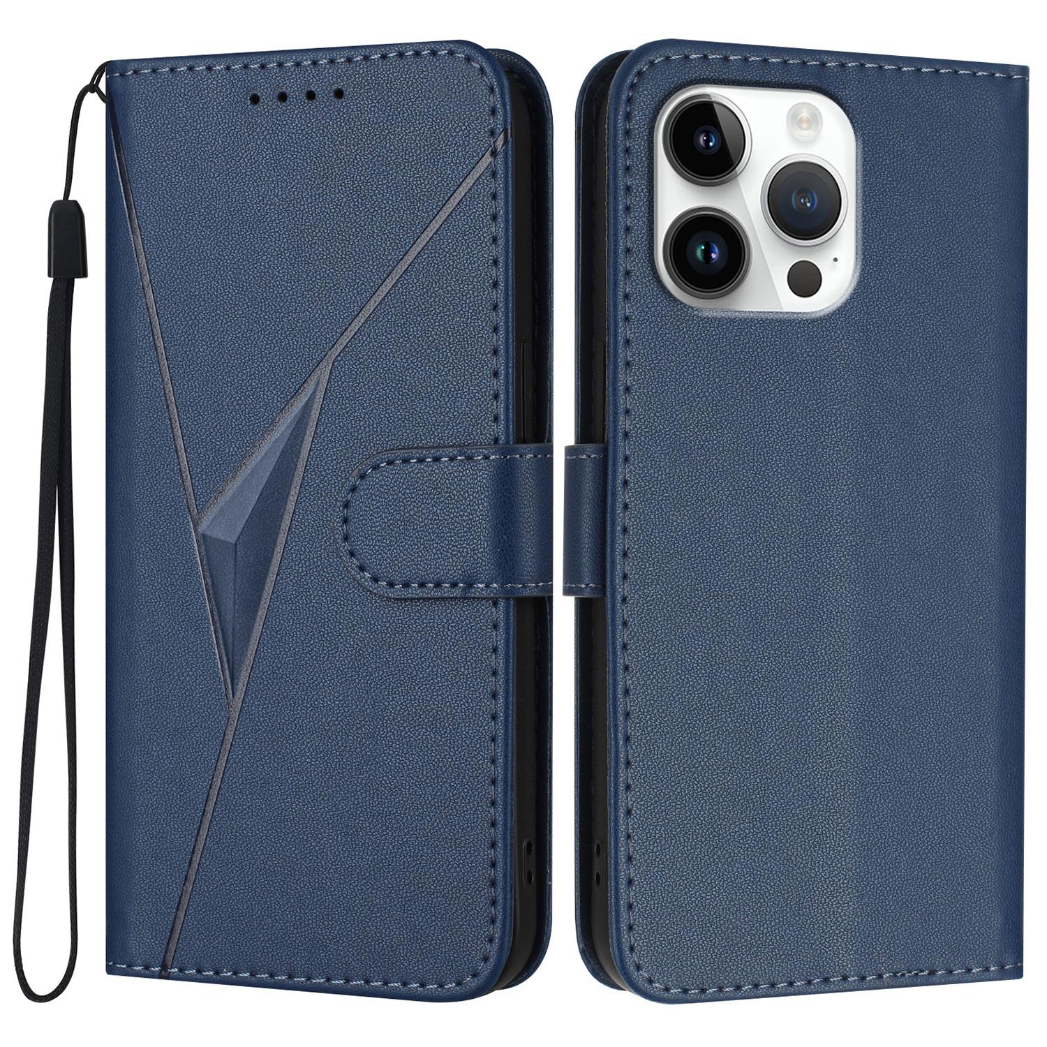 

YX0090 For iPhone 16 Pro Max Case Triangle Imprint Leather Phone Cover with Lanyard Sapphire