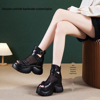 Women's Elevating Leather Roman Sandals - Genuine Cowhide, Thick Sole, Open Toe, Spring/Summer 2025.