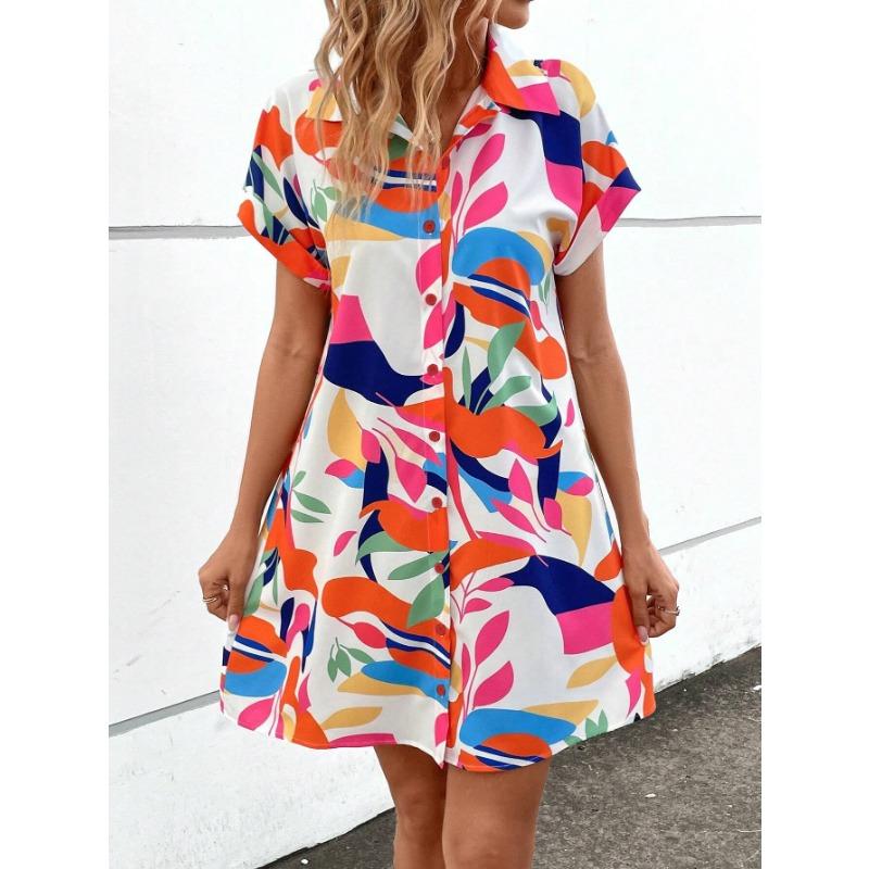 

Женская мода лето весна цвет блок принт короткий рукав поло воротник свободная талия повседневные платья XXXL белый