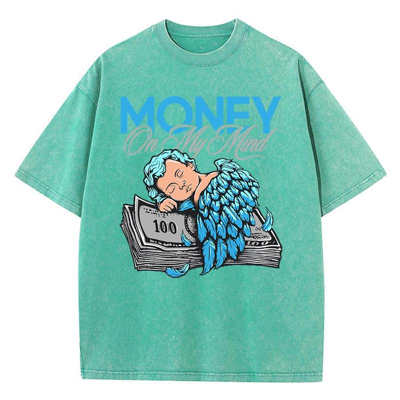 

Винтажные женские футболки с кислотной стиркой, топы с принтом Деньги в голове , манга, ангел, с круглым вырезом, из хлопка, оверсайз, модная одежда 2XL