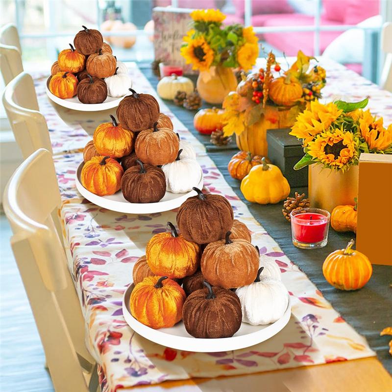 M-Modern-Artificial Pumpkins Decor,3 Colors Faux Flocked For Party Wedding Halloween Thanksgiving Table Decoration