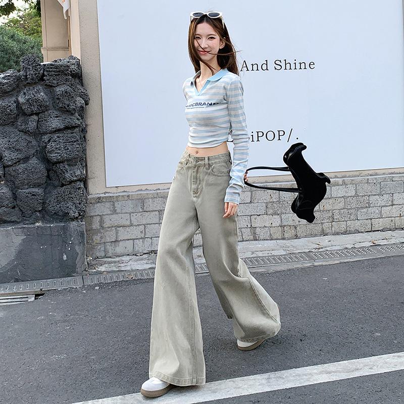 New wash American tube pull high waist casual pants women's spring versatile wide leg flared jeans cotton