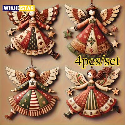 4pcs Handmade Vintage Wooden Angel Christmas Ornaments- Multi-Color Festive Decor for Tree, Home & Offic