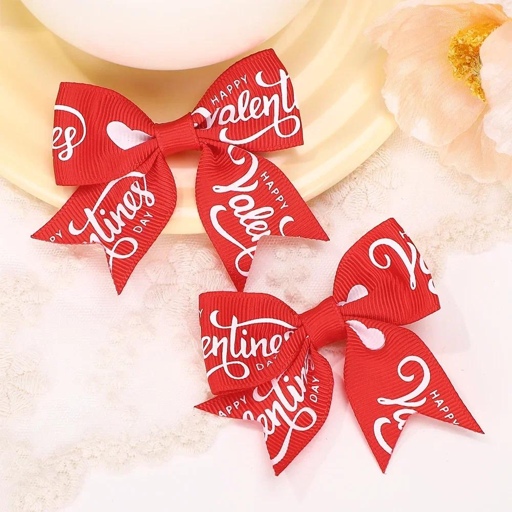 2Pcs/set 2.36''  Valentine's Day Printed Bow Hairclips for Girls Children Ribbon Hair Bows Clip Cheer Up Hair Accessories Gifts