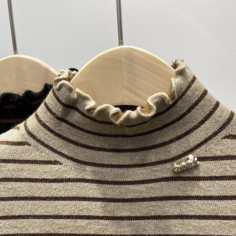 Autumn Winter Thickened Fleece-lined Pullover Elegant Long Sleeve Inner Wear Tops New Style Striped Warm Casual Tops Women 2025