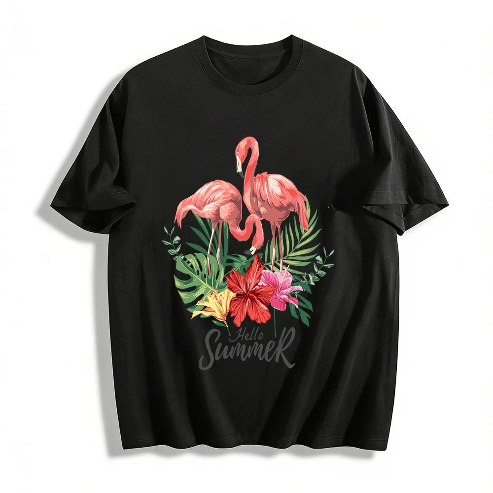 Flamingo Tropical Floral Print Casual Summer Short Sleeve T-Shirt Pure cotton T-shirt XXS