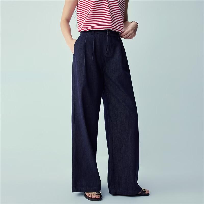 Giordano Women's 2026 Spring Washed Pleated High-Waist Wide-Leg Denim Jeans