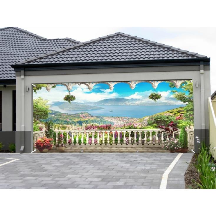 6x13ft Nature Landscape Garage Door Decor Flower House Balcony Mountains River Blue Sky White Clouds Garage Door Cover for Spring Theme Party
