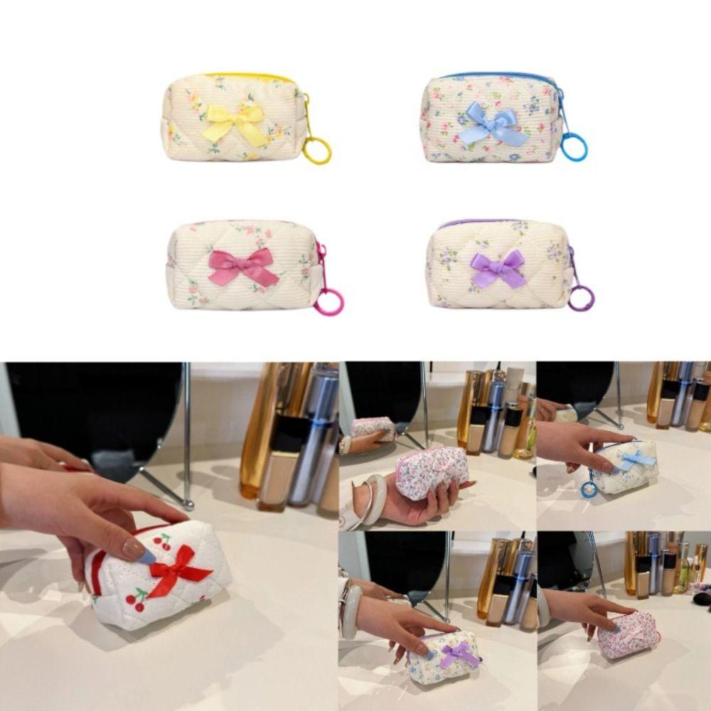 Fashion Bow Pibbon Small Cosmetic Bag Print Flower Zipper Floral Makeup Bag Wallet Pouch Women