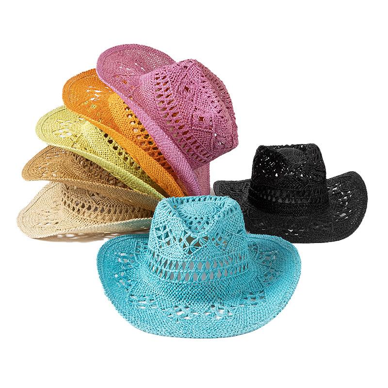 European and American spring and summer new fashion leisure hollow hand-woven papyrus wide-brimmed cowboy hat outdoor travel sunshade jazz hat