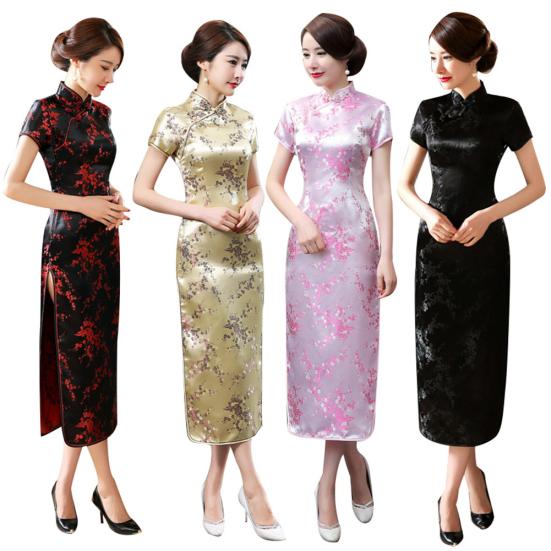 Traditional Chinese Women Long Cheongsam Bridesmaid Short Sleeve Evening Dress