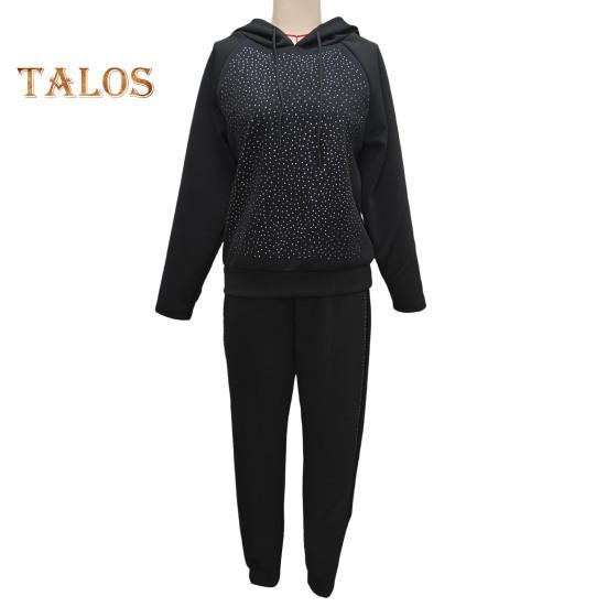2 szt./zestaw damski bluza z kapturem spodnie garnitur kryształki dekoracyjne długie rękawy patchwork sportowa bluza spodnie z elastycznym pasem fitness strój jesień wiosna dres