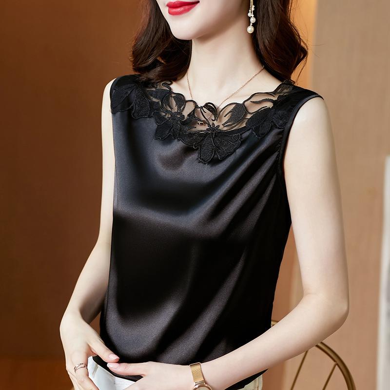 Women's Lace Trim V-Neck Satin Tank Top Plus Size Sleeveless Loose Camisole Inner Base Shirt Elegant Commute Vest