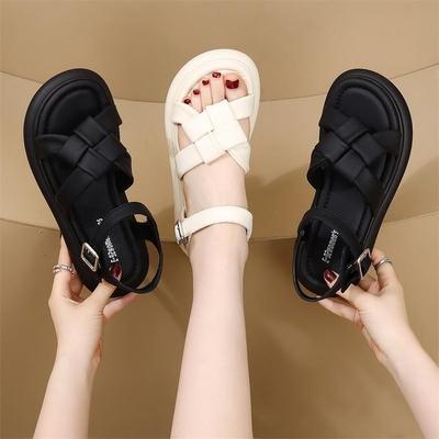 Sportsandalen Damen Sommer 2025 neue römische flachbodige gewebte weichsohlige leichte Studenten rutschfeste Ein-Wort-Strandschuhe