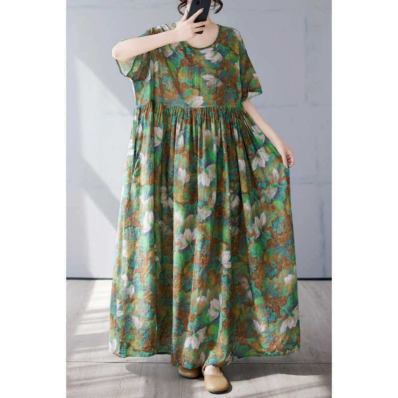 Fashionable Long Skirt Summer Short Sleeved Round Neck Printed Dress