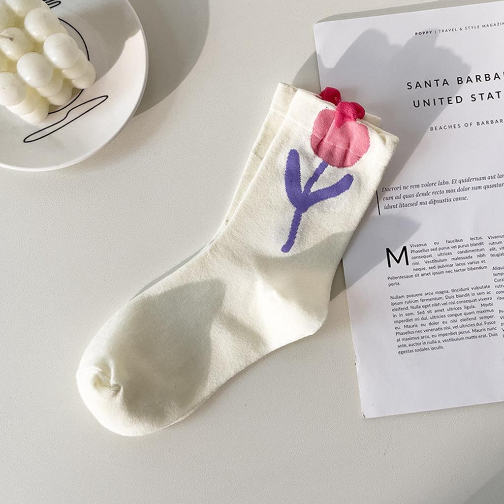 Damen Mid-Tube-Socken Tulpenmuster Baumwollsocken Damen Deodorant Schweißabsorptionssocken Gemischte Farbe 5 Paare Kostenlos
