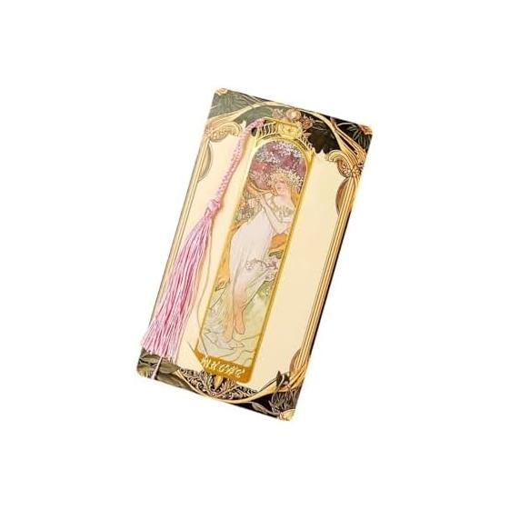 Sedona s Magic: Mucha Gold Metal Bookmark - Alphonse Mucha  The Seasons   Innocence Spring  Luxury Filigree with Tassel - Elegant Spring Blossom