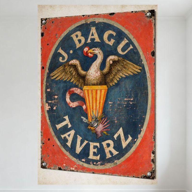

Vintage J. BAGU TAVERZ Tin Sign, Retro Red Border Blue Circle Bird & Hand Design Metal Sign, Weathered Antique Wall Decor for Ba 20x30cm（7.8x11.8inch）