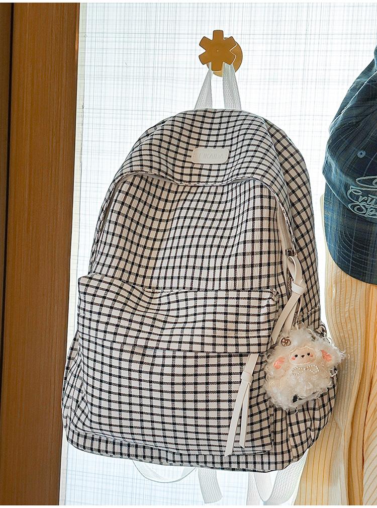 Schultasche: Off-White karierte Textur weiche Oberfläche Studentenrucksack, weicher und künstlerischer Stil, für Campus-Mädchen, tägliches Einkaufen Mini-Rucksack
