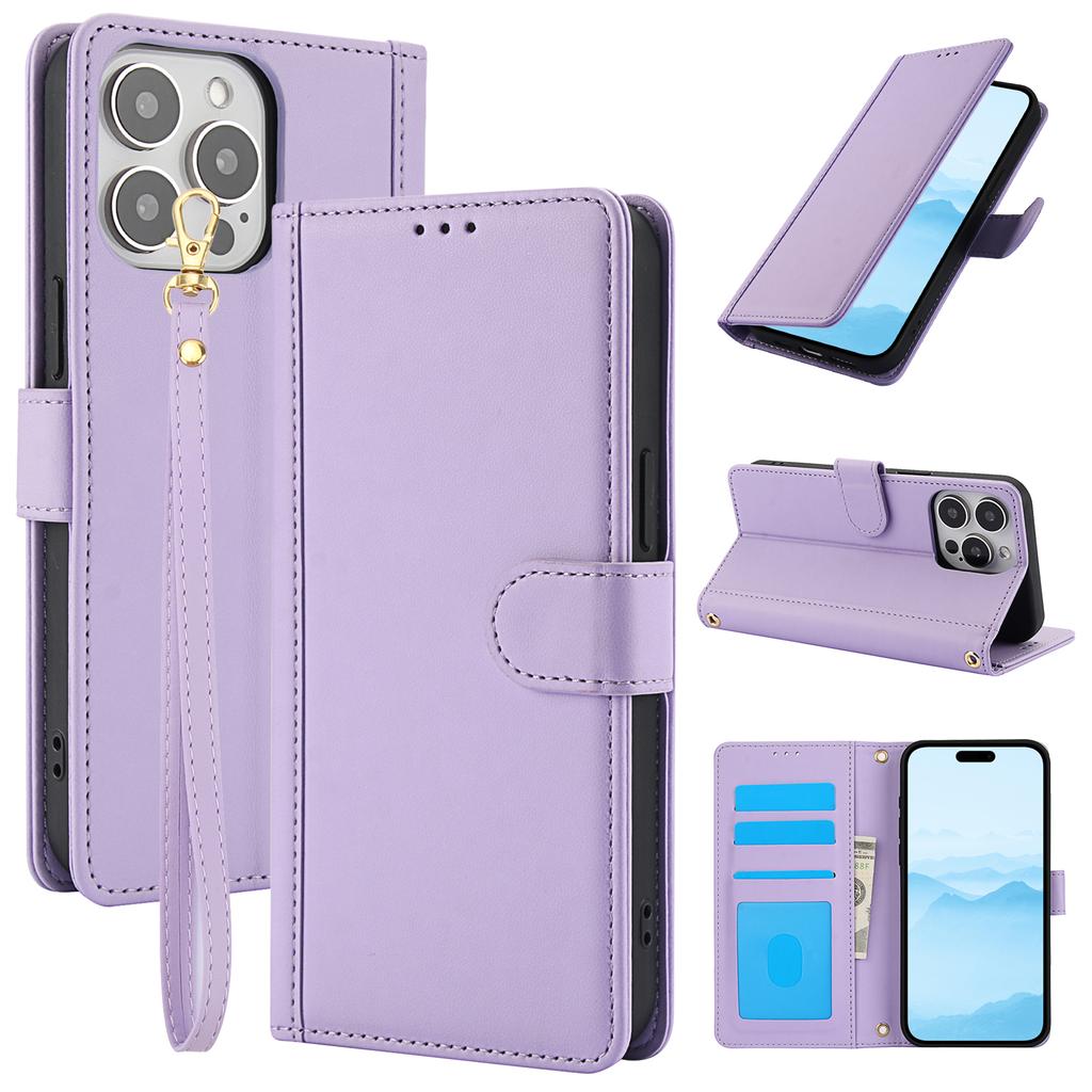 SY-003 For iPhone 15 Pro Max Case PU Leather Stand View Phone Wallet Cover with Hand Strap