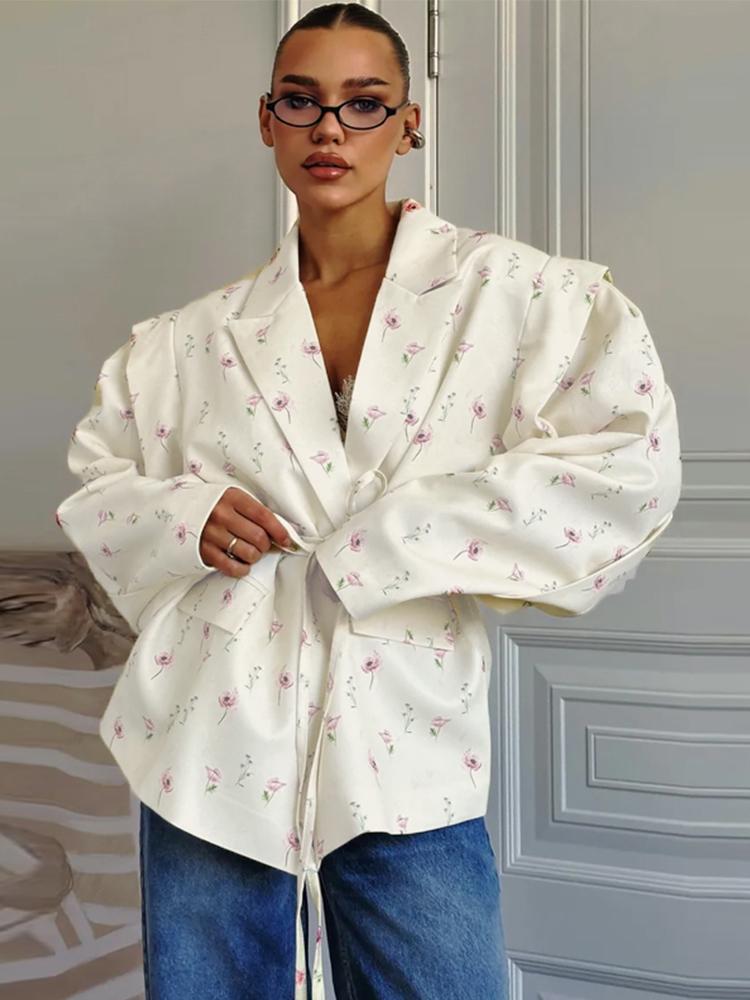 Módní květinové pásky Blejzr Kabát Dámský Ramenní vycpávky Jednořadé S klopami Dlouhý rukáv Streetová bunda 2025 Jarní sváteční párty