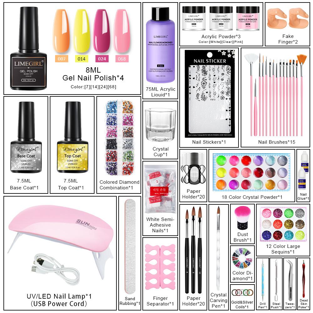 Kit Unghie Acriliche Set Completo Polvere Cristallo Liquido Monomero Gel per Estensione Gel Costruttore UV Lime per Salone Professionale Starter