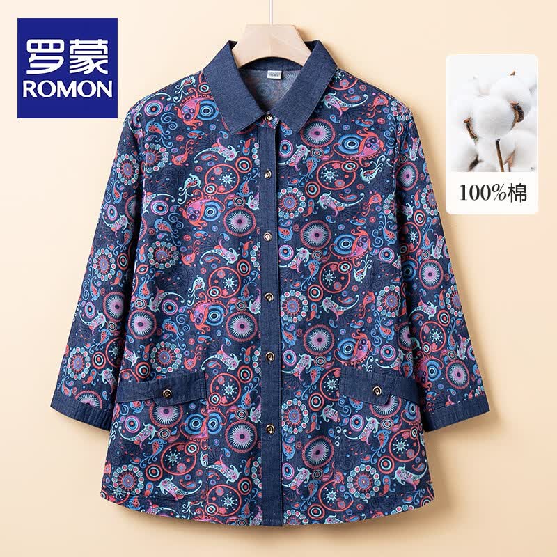ROMON Women s Summer Cotton 3/4 Sleeve Denim Style Shirt 4XL
