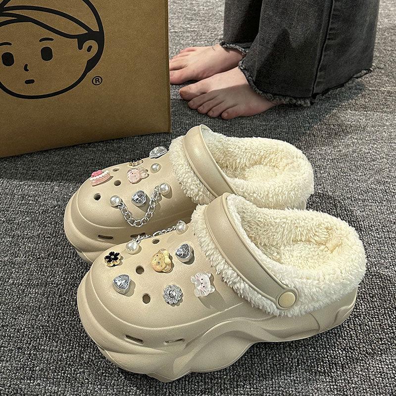 New velvet hole shoes women's winter non-slip outer wear cotton shoes heightened thick-soled home removable cotton slippers