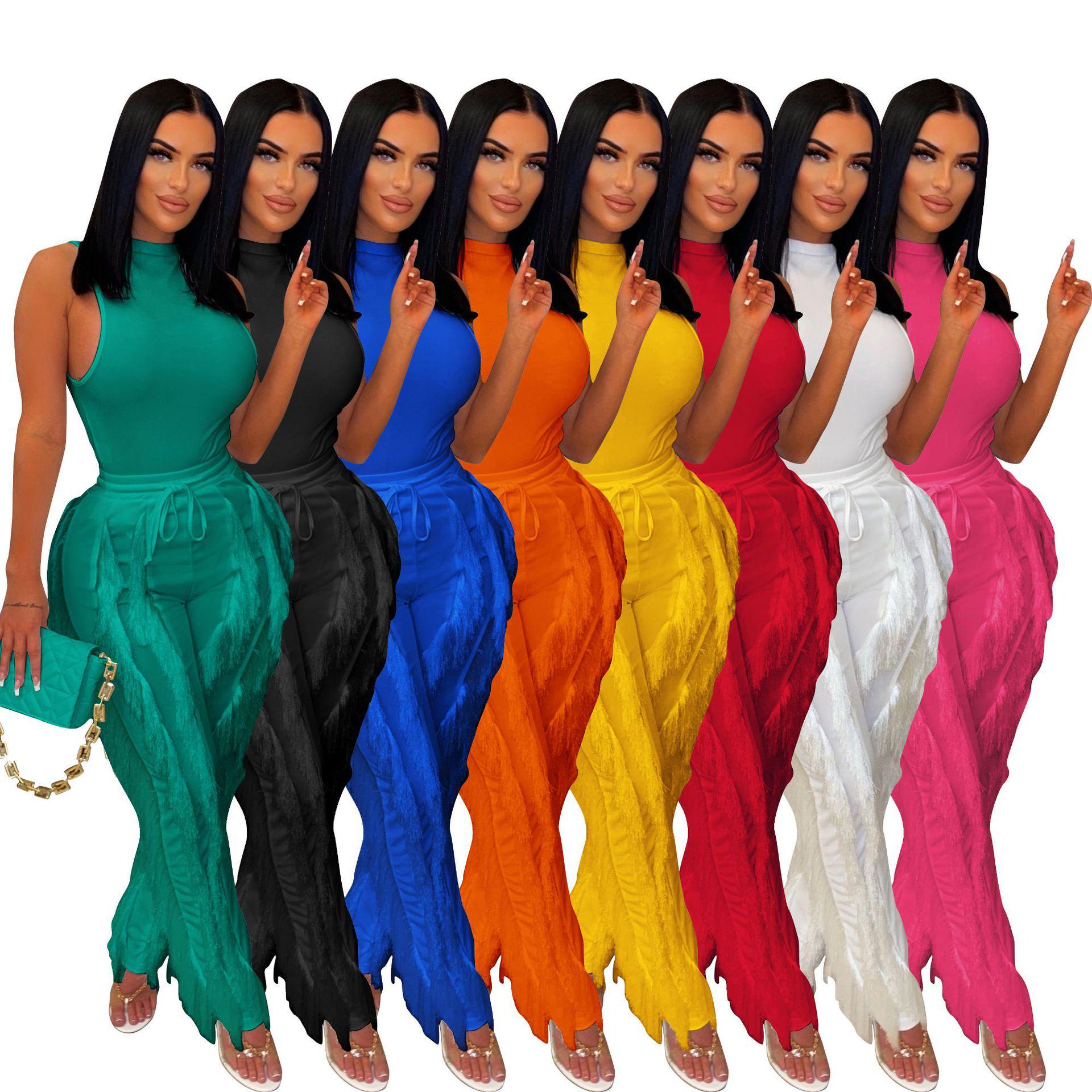 

Women s European & American Two-Piece Tassel Sleeveless Lace Set Luxury Small