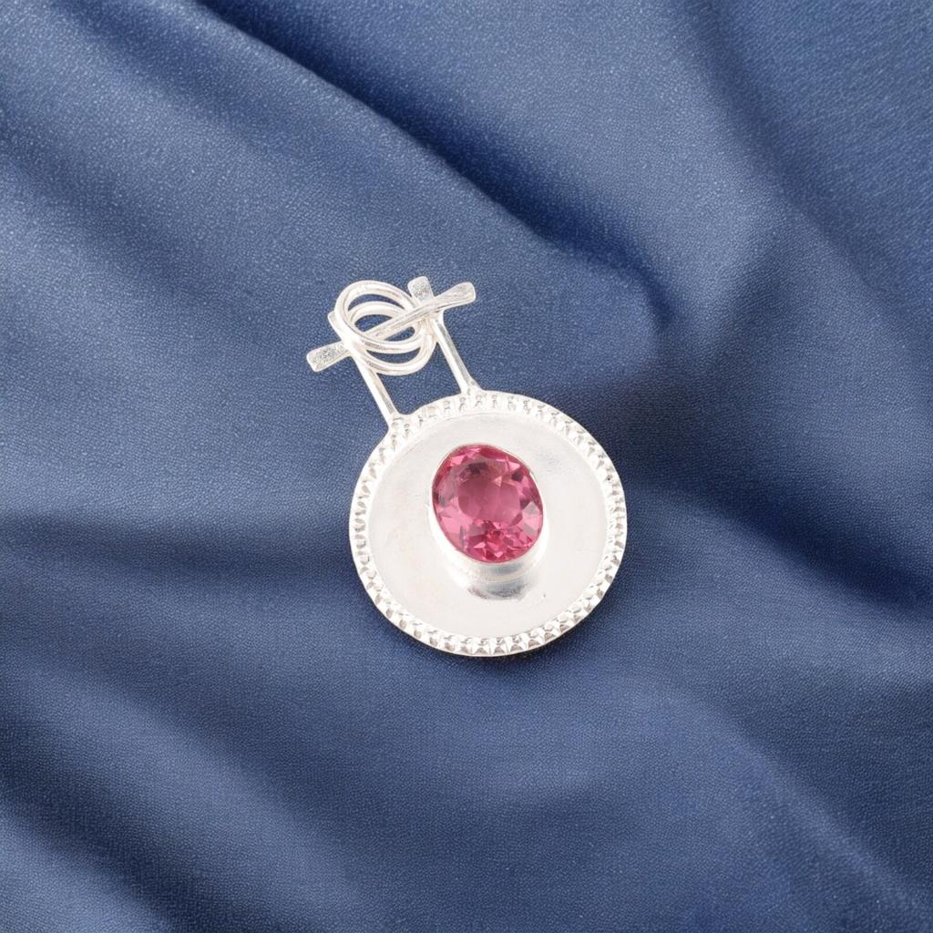 Pink Tourmaline Gemstone 925 Stamped Silver Jewelry Handmade Round Pendant 1.4" PP-57-11