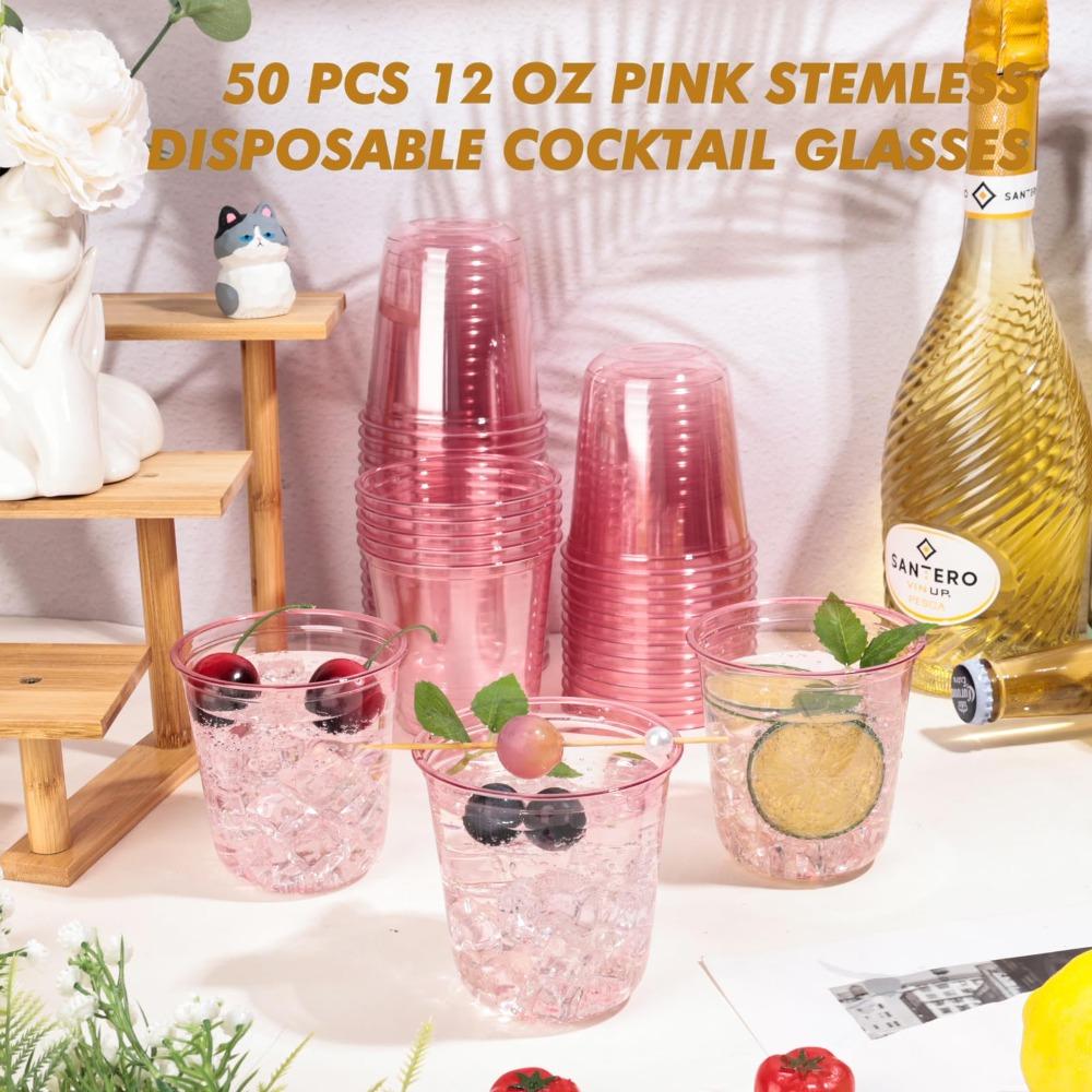 50pcs Pink Plastic Cups 12oz Disposable Stemless Wine Glasses for Cocktail Cute Clear Cocktail Wine Glasses Pink Party Cups