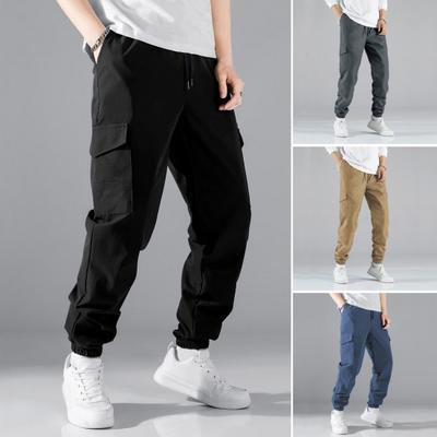 Herren Cargohose mit Kordelzug und elastischer Taille, einfarbig, mehrere Taschen, Knöchelriemen, lockere Sporthose, Freizeithose für den Alltag