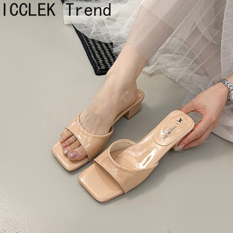 Designer Summer Patent Leather Square Toe Women Slippers Ladies Elegant Outdoor Street Style Thick Heel Slides