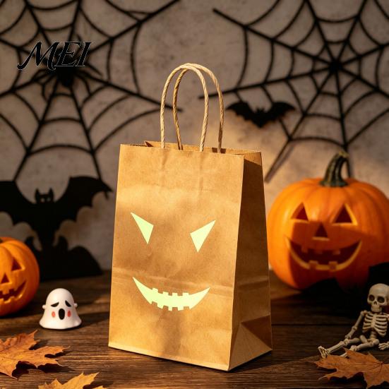 Halloween Event Supplies Candy Bags with Luminous Pumpkin Ghost Prints, Thickened Night Glowing Holiday Paper Gift Bags, Trick or Treat Party