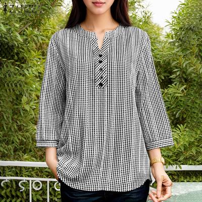 Women Casual Round Neck Grid Print Loose 3/4 Sleeve Blouse