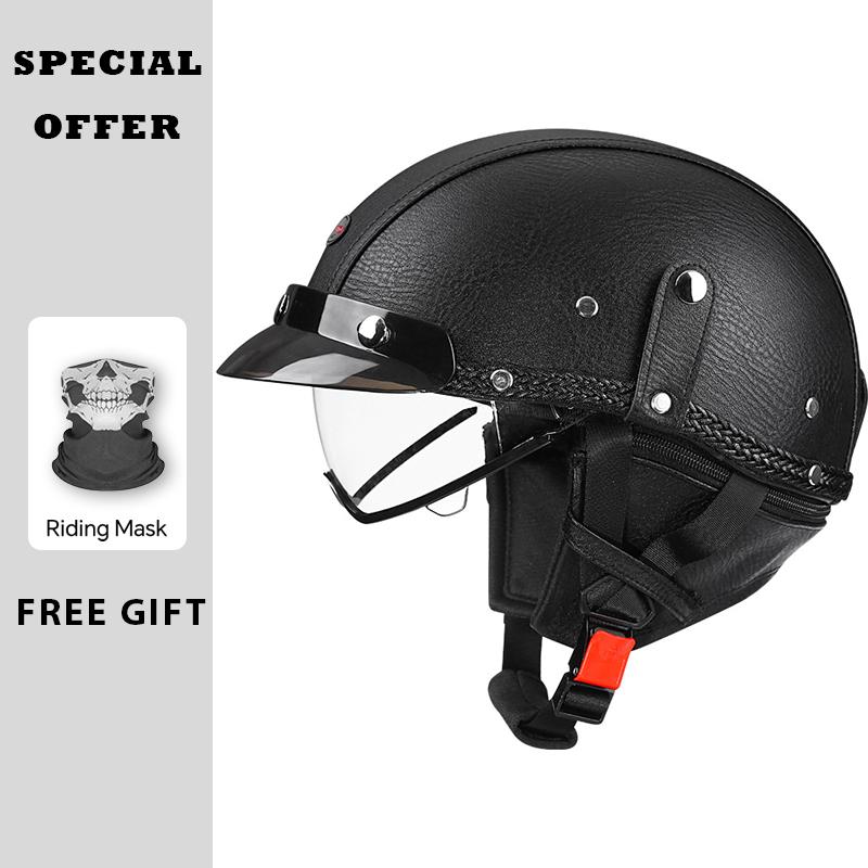 High Quality Brown Leather Half Face Helmet for Motorcycle Electric Scooter DOT ECE Approved Men Women Moto Half Helmet