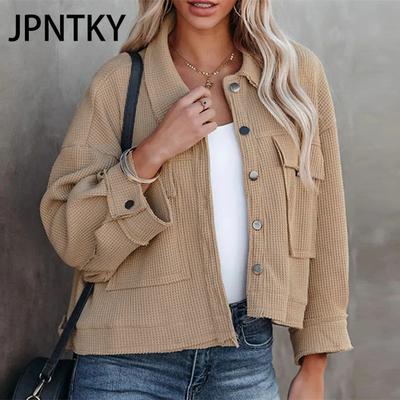 JPNTKY Women's Vintage Casual Solid Color Print Autumn Winter Long Sleeve POLO Neck Jackets & Coats