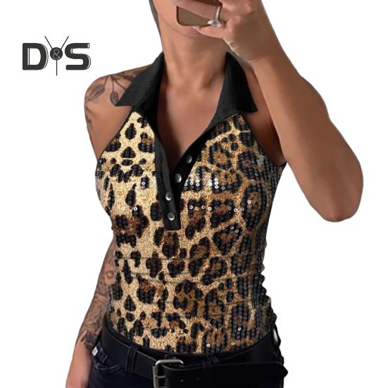 Women Vest Lapel V-Neck Sleeveless Off Shoulder Tops Shiny Sequins Tank Tops Holidays Parties Clubs Wear