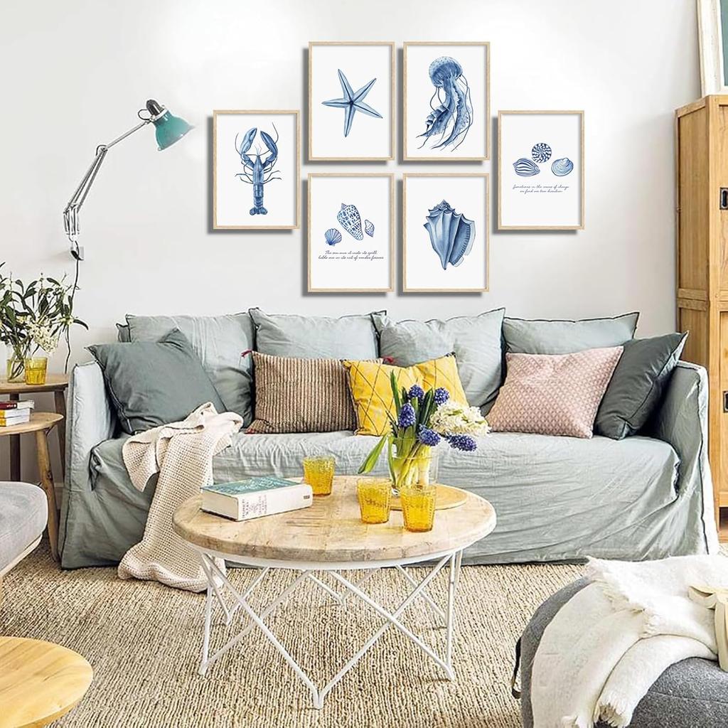 6 Pcs Blue Coastal Wall Art Watercolor Starfish Conch Jellyfish lobster Painting Cute Sea Life Poster Print for Modern Waterfront Themed Home