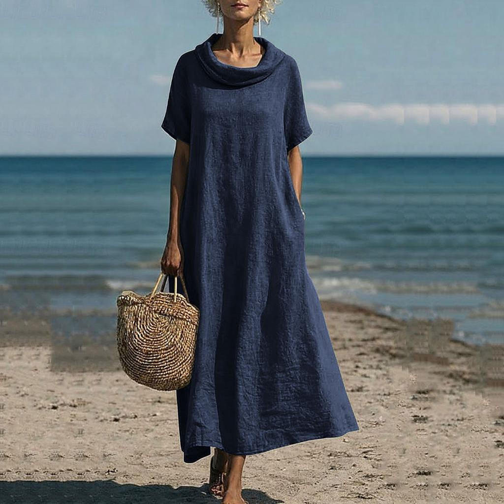 Women's Loose Fit Cowl Neck Maxi Dress Short Sleeve Solid Patterned Casual Linen Floor Length Gown