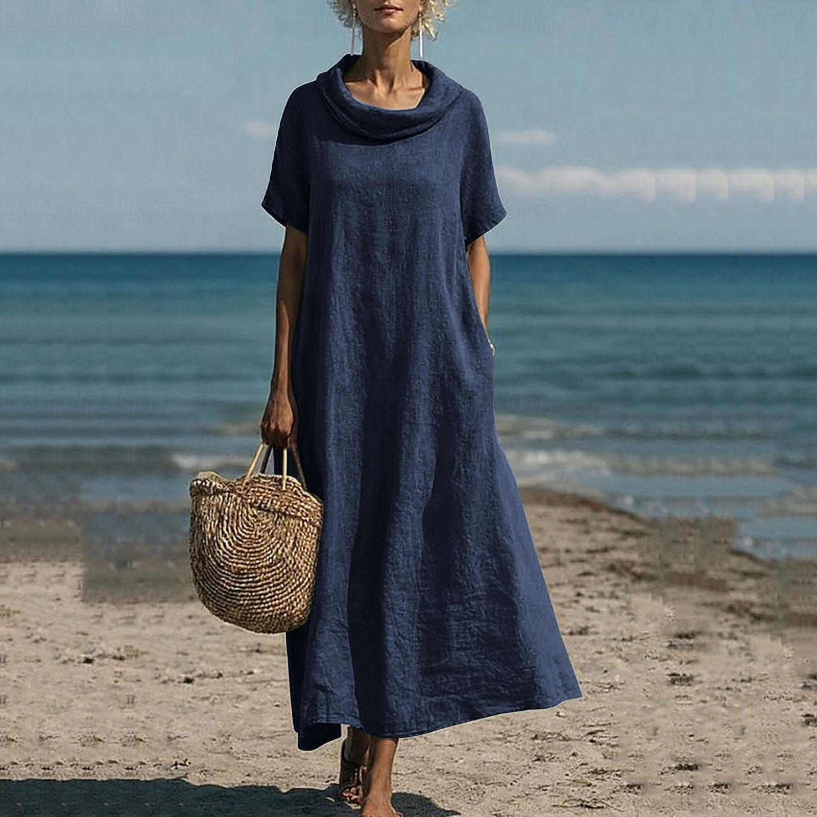 Women’s Fashionable Casual Plain-Coloured Short-Sleeved Cotton-Linen Dress With A Puffed Collar XXXL тёмно-синий