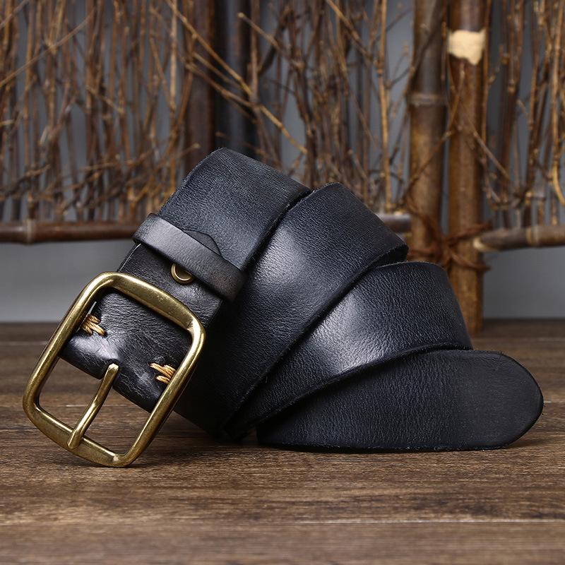 3.8CM Men's Retro Distressed Leather Belt, Genuine Leather Pin Buckle, Top Layer Cowhide, Casual Korean Style for Jeans.