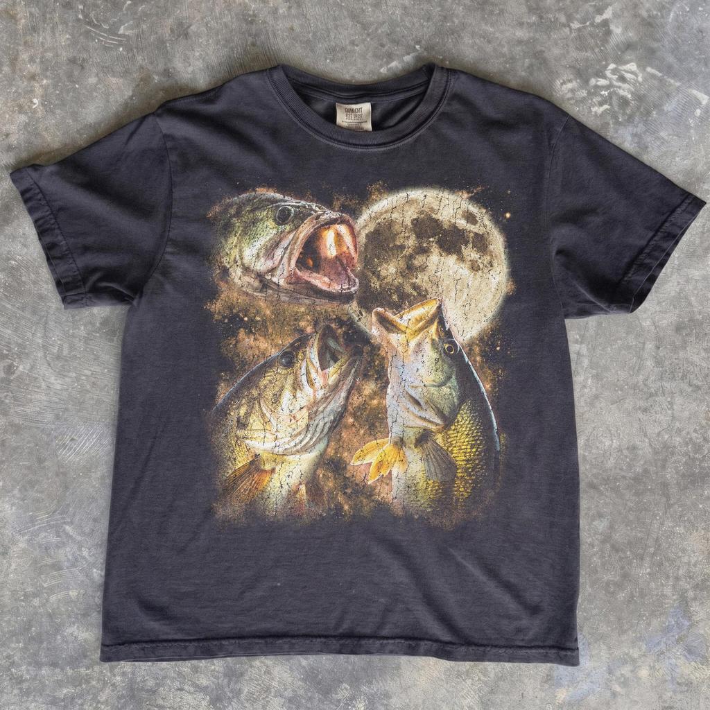Bass Fishing Moon Shirt, Starry Night Bass Tee, Distressed Fish Jumper