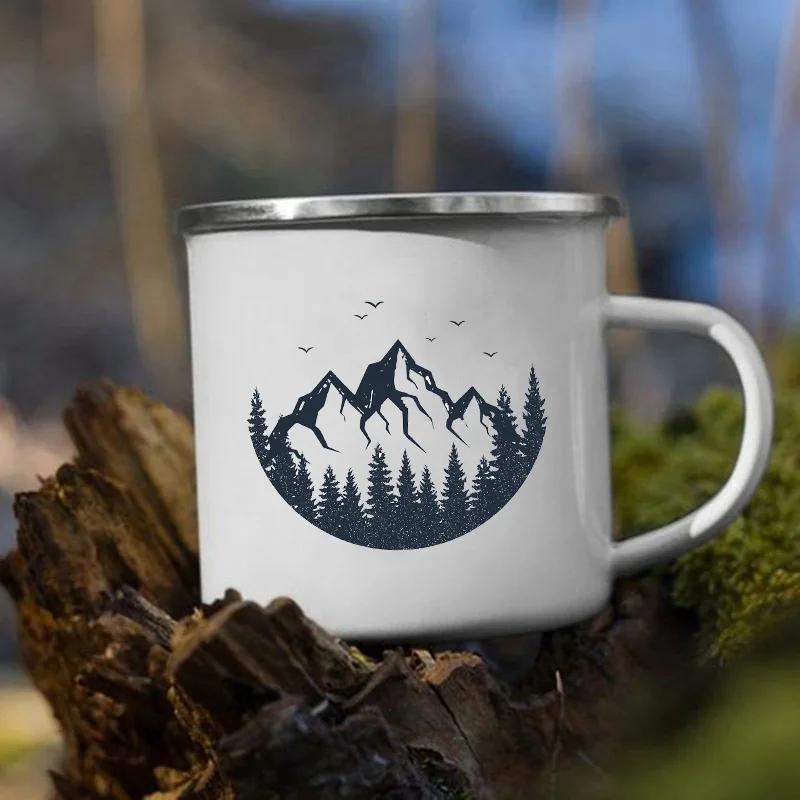 Stampa 'Le Montagne Aspettano' Tazza Smaltata Creativa Campeggio Caffè Tè Acqua Latte Tazze Manico Bicchiere Vacanza Escursionismo Regalo