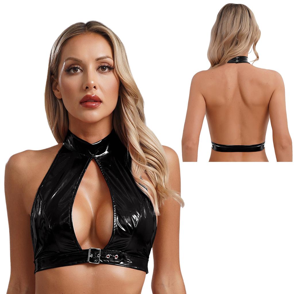 Dámské bez zad Výstřih přední košilka Vesta Topy Halter Noční klub Nošení Spodní prádlo Leather Crop Top latex bustier
