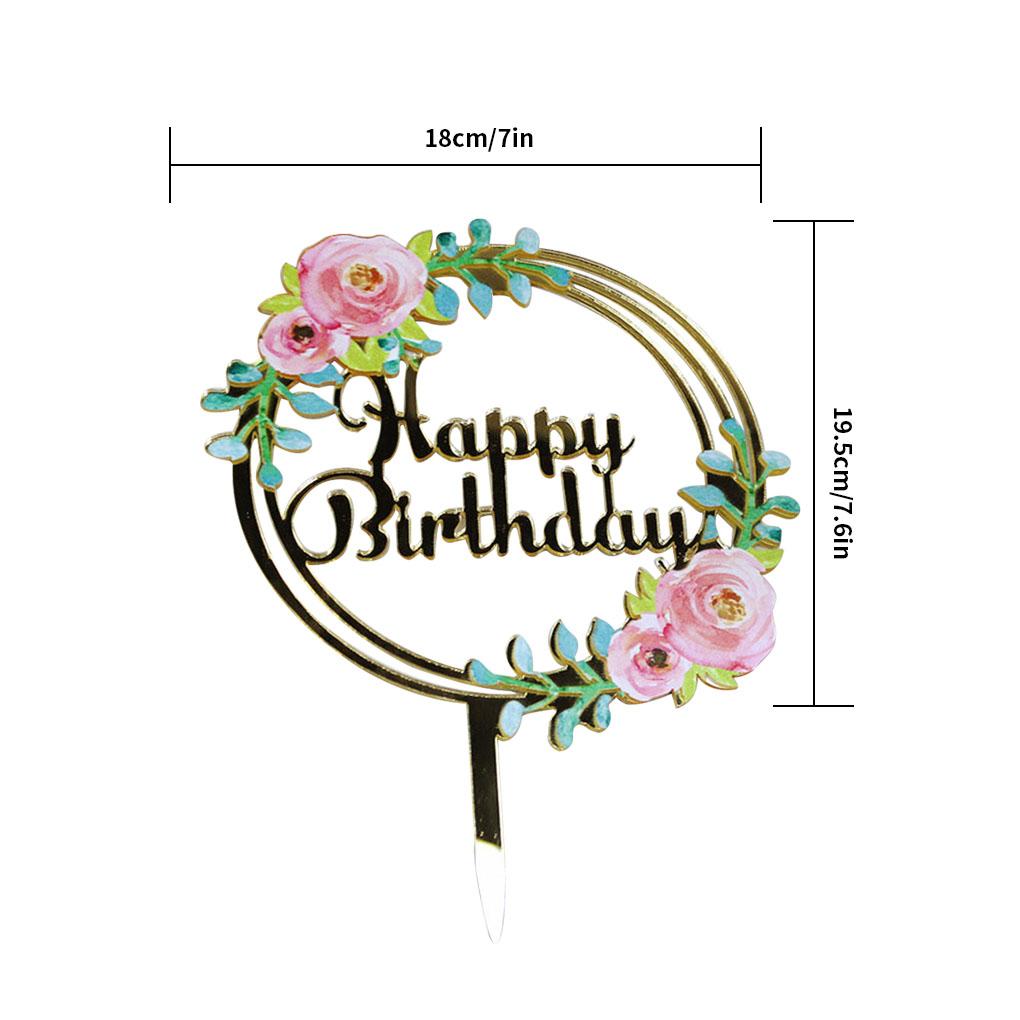 Birthday Cake Topper Acrylic Birthday Cupcake Decoration with Flower Pattern Gold Cake Topper with Letters